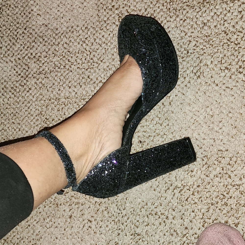 SHELLY'S OF LONDON PLATFORM ANKLE STRAP GLITTER PUMPS WORN 1X EU41